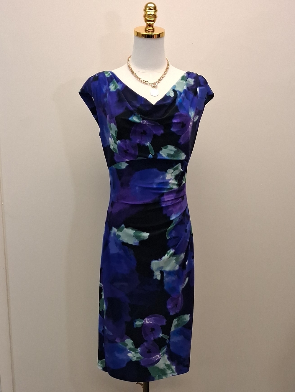 Lauren Ralph Lauren Blue Purple Floral Cowl Neck Midi Dress Size 4